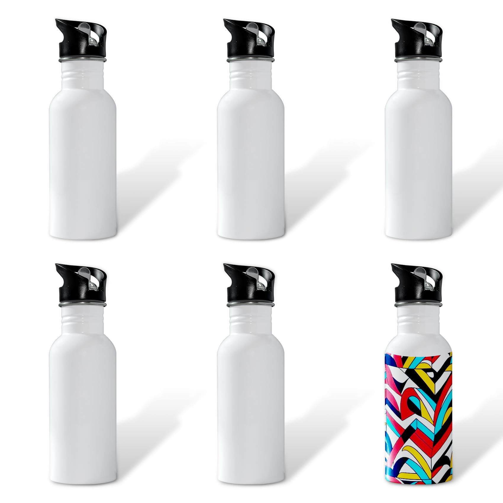 MR.R 6 bottiglie d'acqua in alluminio per sublimazione con corona bianca, da 600 ml, con coperchio superiore con cannuccia, 600 ml