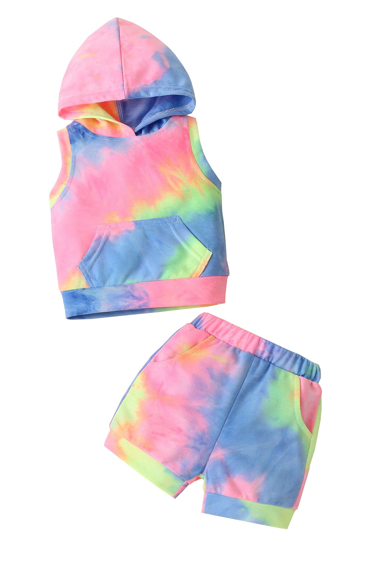 Symunnia Baby Girl Boy Tie Dye Summer Clothes Set Kids Sleeveless Hooded Tank Tops Pockets Shorts 2PCS Set(6-12months,PinkSkyBlue)