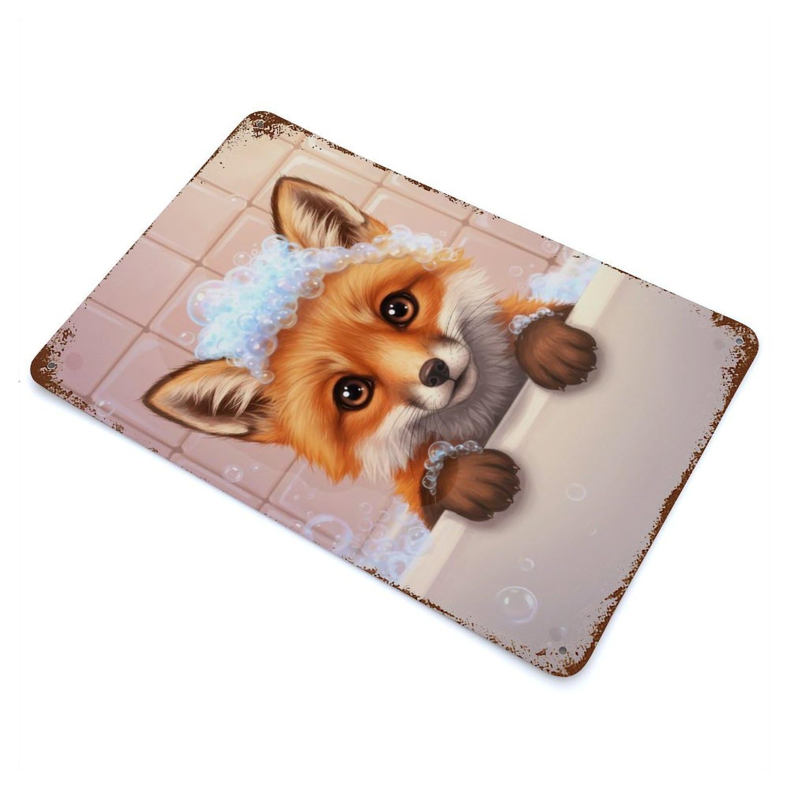 Fox in Bathtub with Bubbles Rusty Metal Tin Sign 11.8"x7.9", Industrial Home Decor for Garage, Pub Or Kitchen