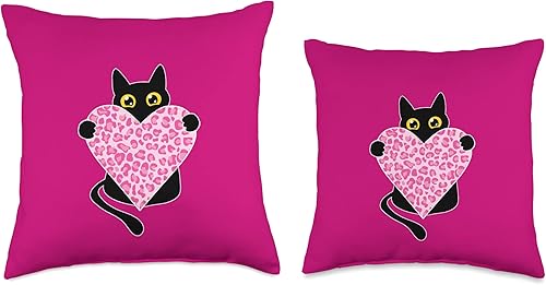 Miniatura 3 de Black Cat heart Leopard Pink Valentines day tees Divertida almohada para el día de San Valentín con diseño de leopardo y corazón rosa 18 x 18