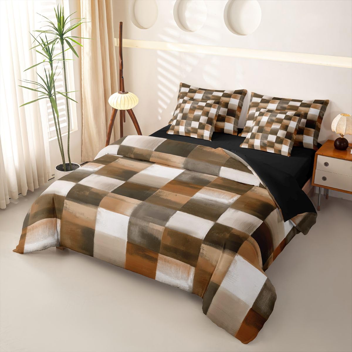 Loussiesd Juego de funda de edredón geométrica a cuadros con sábanas, 7 piezas, tamaño doble, color amarillo y marrón, ropa de cama en una bolsa, para niños y niñas, arte abstracto degradado