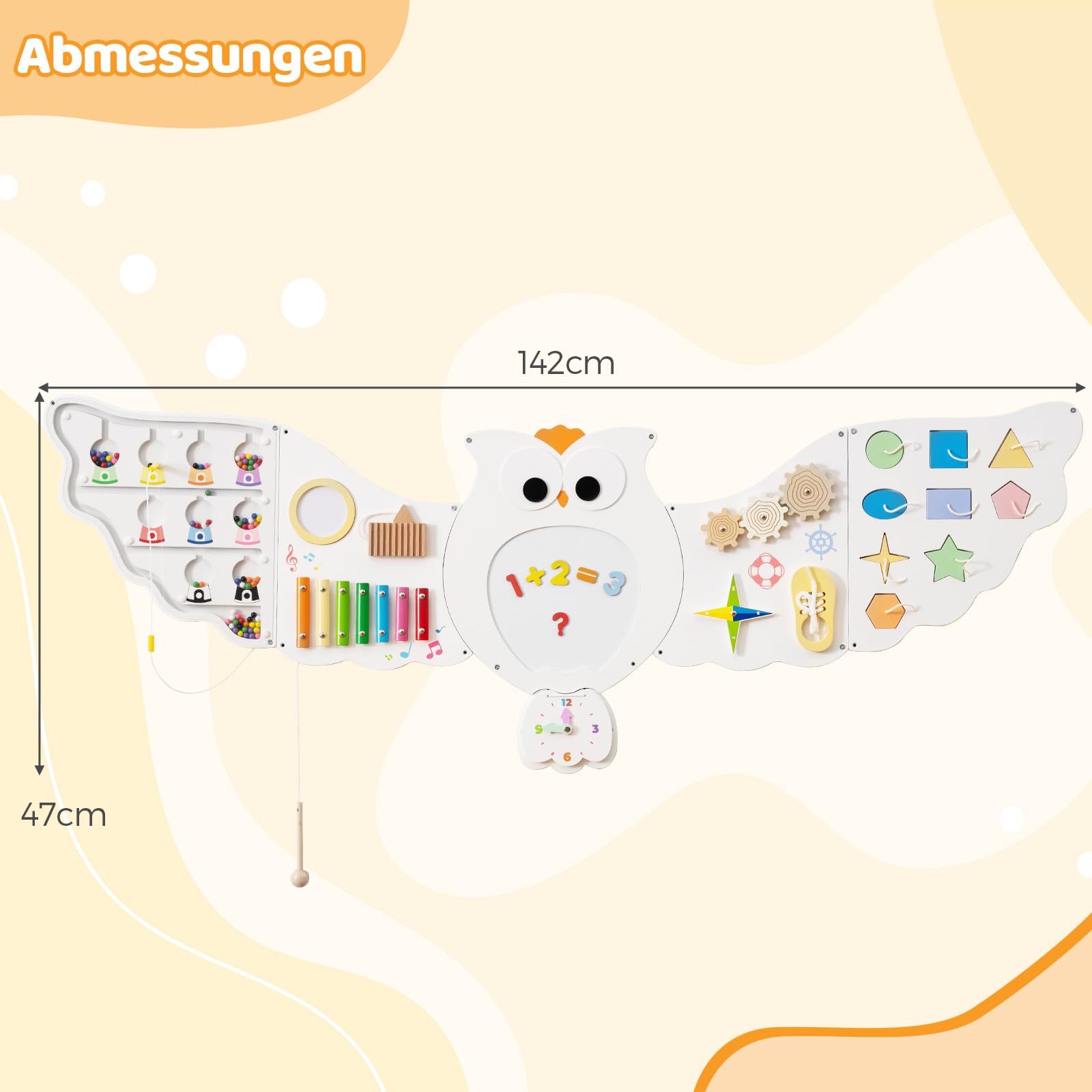 COSTWAY Montessori deska motoryczna, 11 w 1 Busy Board drewniana z tablicą magnetyczną i zegarem i ksylofonem, zabawka Montessori, deskorolka motoryczna dla dzieci od 1 roku życia