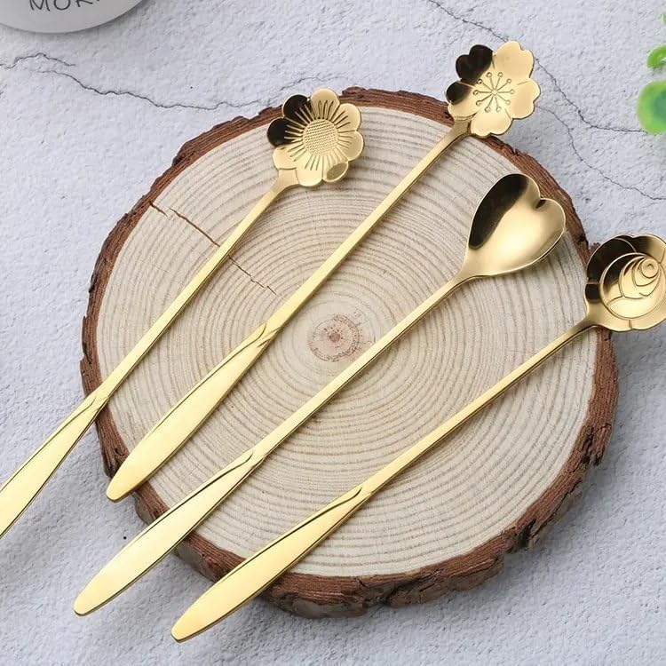 Dessert Spoon 4pcs Set, Handle Flowers Shaped Stirring Golden Spoons, Stainless Steel Reusable Flower Teaspoons, Coffee Spoon, Spoon Set for Kitchen, Ice Cream, Dessert House, Cafe Bar