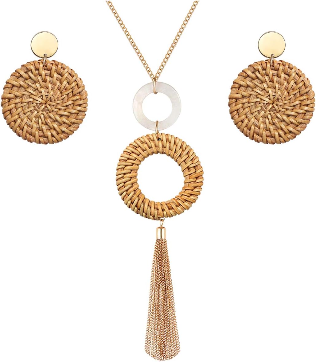 Long Necklace and Rattan Earrings Set for Women Handmade Long Tassel Rattan Necklace Wicker Earring Lightweight Weave Statement Jewelry