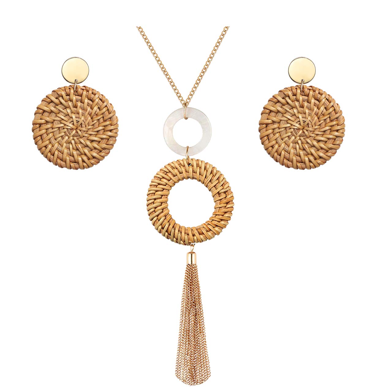 Long Necklace and Rattan Earrings Set for Women Handmade Long Tassel Rattan Necklace Wicker Earring Lightweight Weave Statement Jewelry