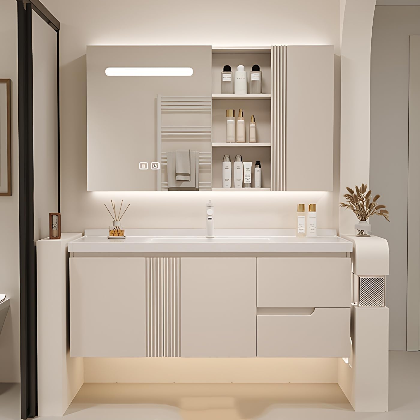 Bathroom Vanity with Sink - Floating Bathroom Vanity Contains LED Smart Defog Mirror Cabinet | Solid Wood Bathroom Vanity | Wall Mounted Installation (56")