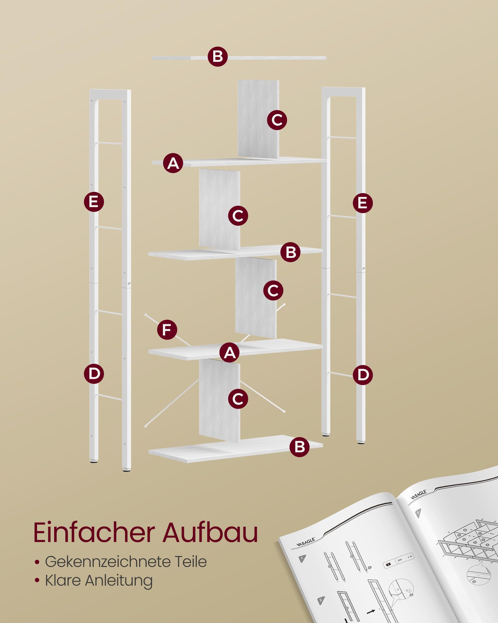 VASAGLE Regal, Bücherregal, Büroregal mit 5 Ebenen, Standregal, Aufbewahrungsregal, groß, Metallgestell, ahornweiß-wolkenweiß LBC012W44