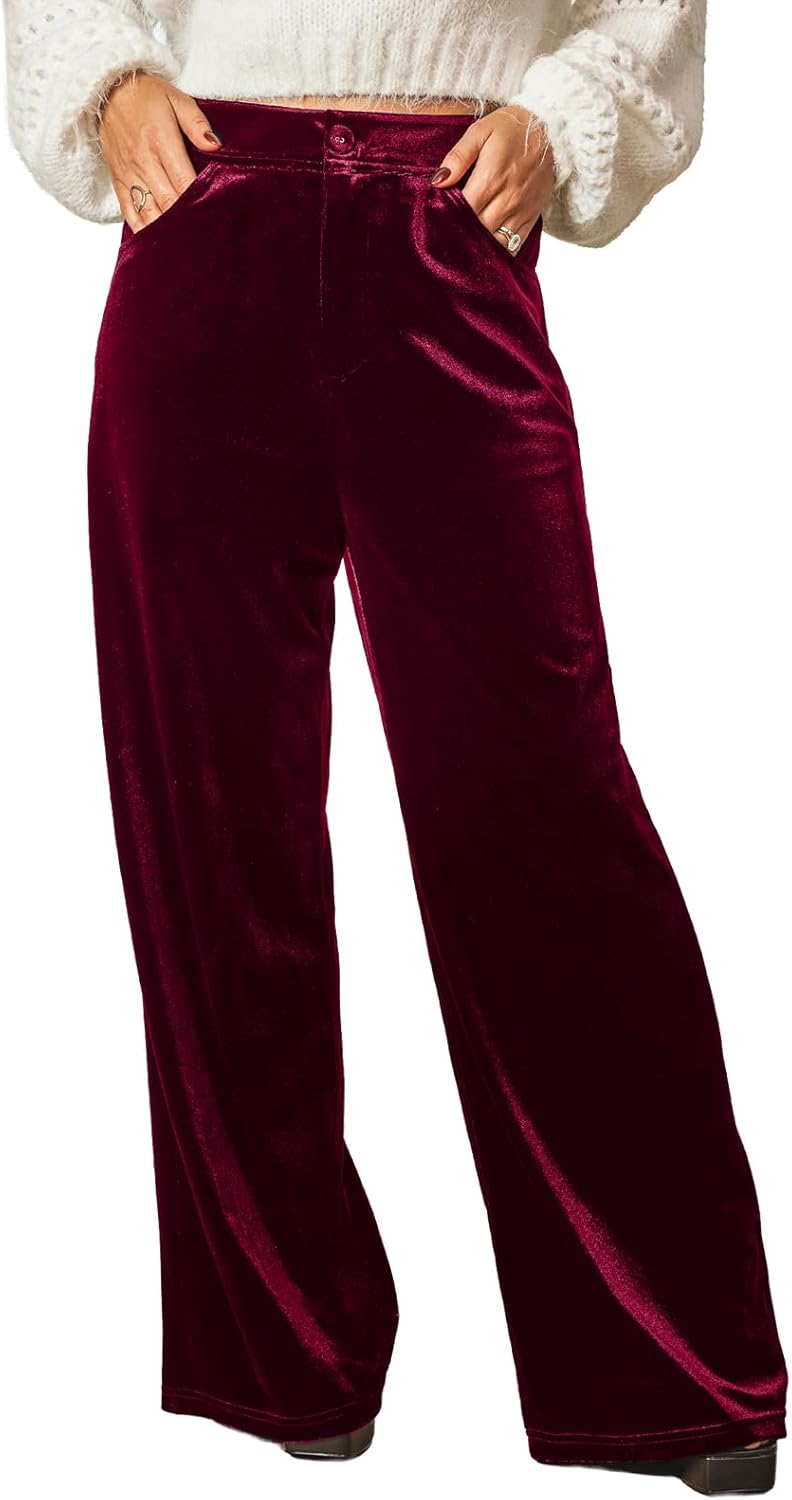 CUPSHE Velvet Pants for Women Wide Leg Dressy Velour Palazzo Work Pants with Pockets