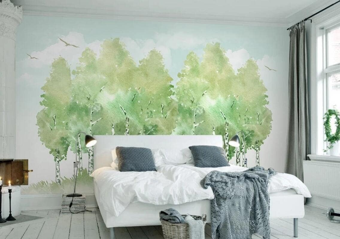 Papier peint 3d soie gaufrée aquarelle verte oiseaux de la forêt 150x105