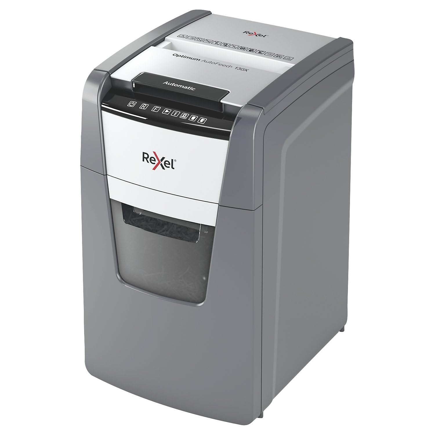 Rexel Optimum AutoFeed+ 130X Distruggidocumenti automatico CH, 130 fogli, livello di sicurezza P4, taglio a particelle, per piccoli uffici, contenitore per rifiuti da 44 litri, con spina di