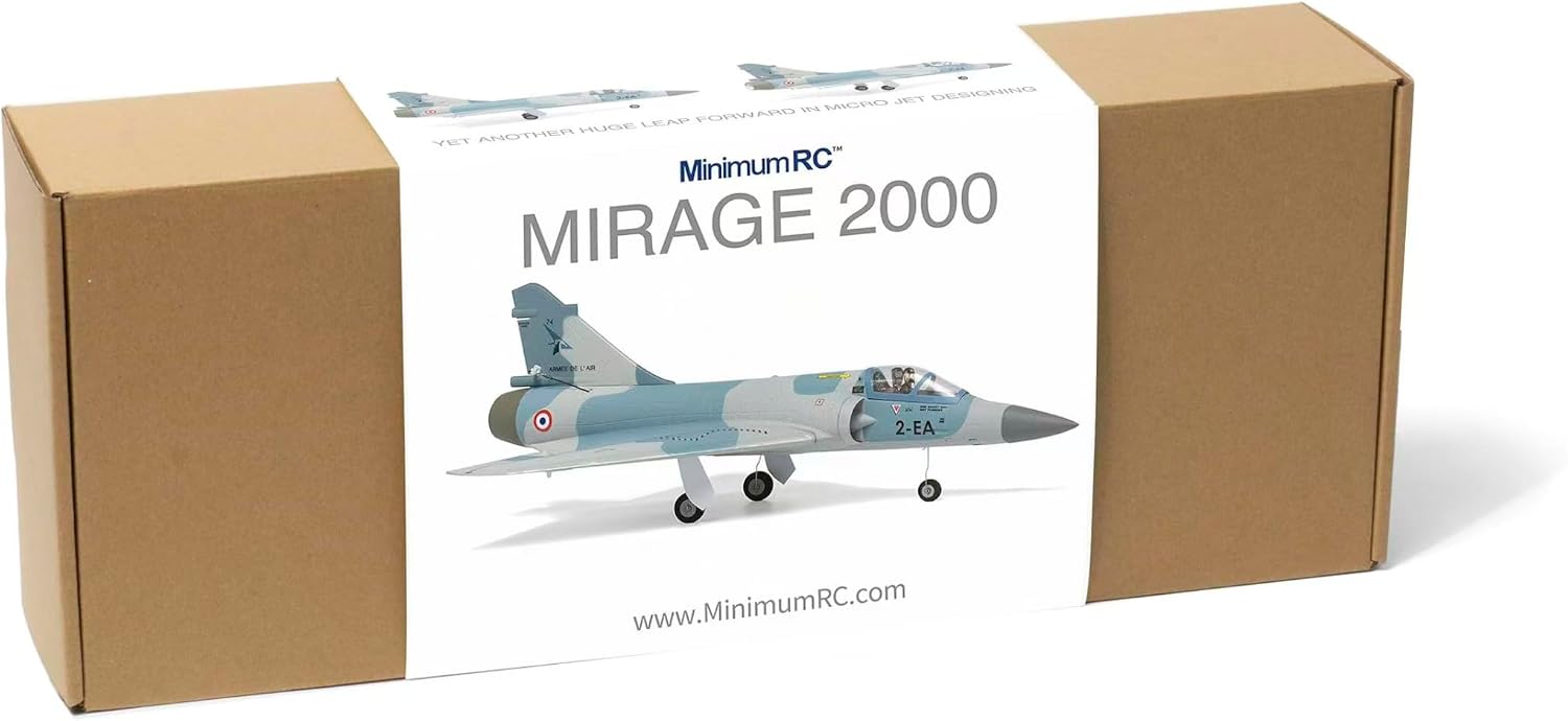 The product box for the MinimumRC Mirage 2000 RC plane, showing the model and branding.