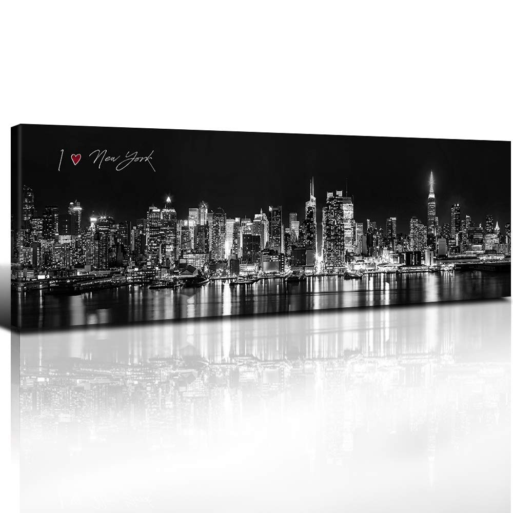 New York City Wall Decor Black and White Wall Art Skyscraper Skyline Night View Picture for Bedroom Living Room Wall Decor Modern Cityscape Panorama Canvas Decoration Office Home Artworks 14x48"