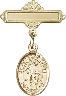 Gold Filled Baby Badge with Guardian Angel Charm and Polished Badge Pin 1 X 5/8 inches