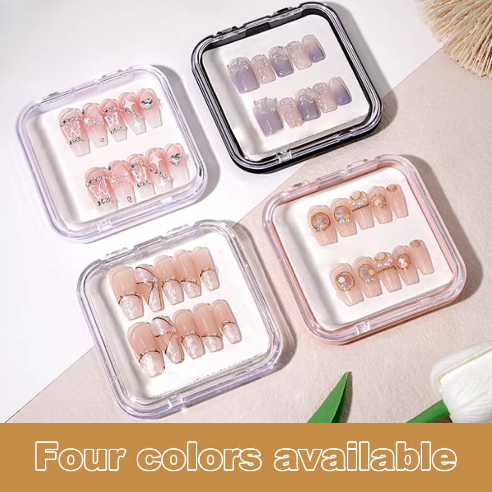 12 pièces Boîtes de Rangement pour Ongles (6.5 x 6.5 x 0.8CM), d'Emballage Press on Nails Support Présentoir Presser Ongle, Comprenant 12 Boîtes d'Emballage + 60 Ruban Adhésif Double Face