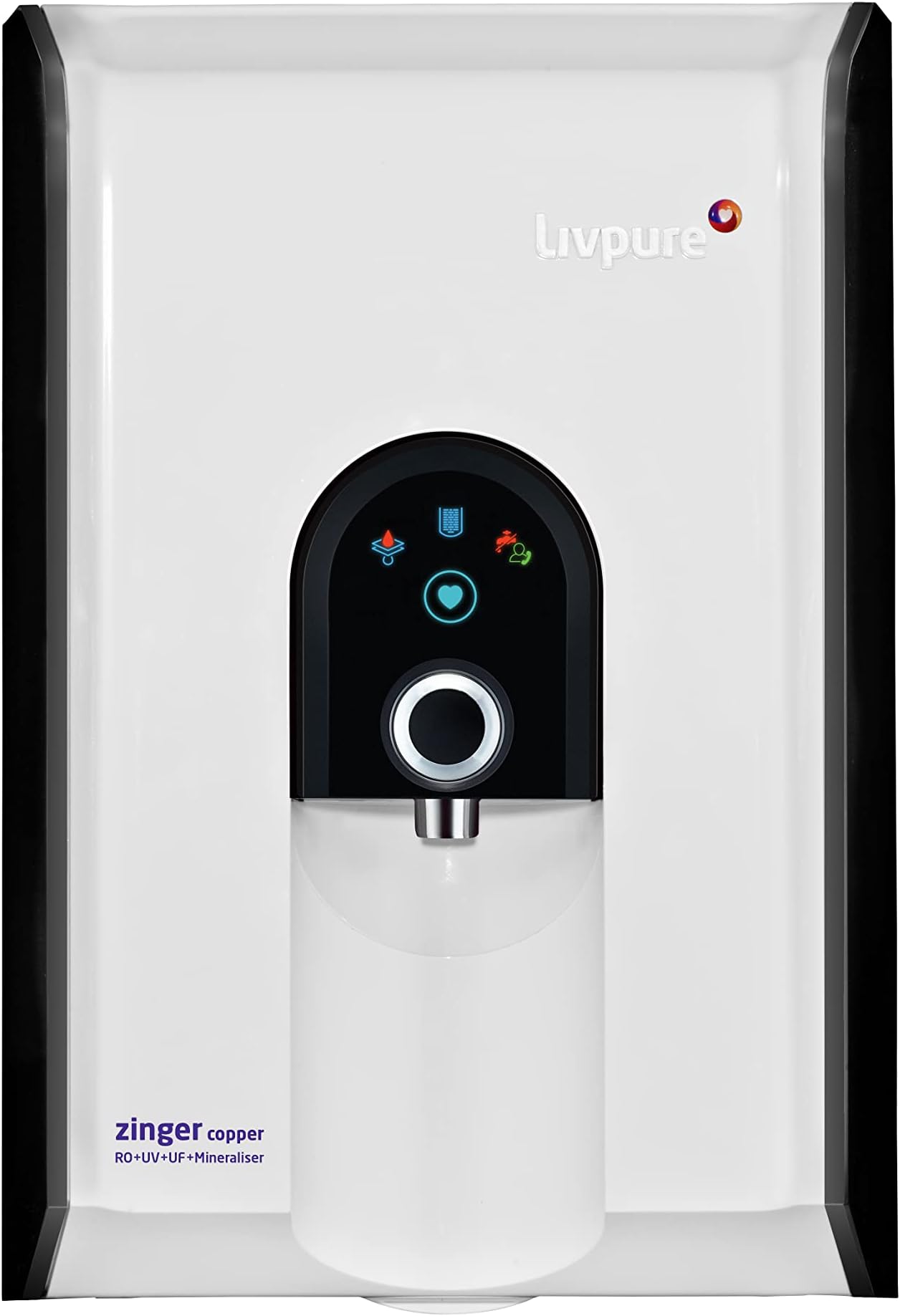 Livpure Zinger copper RO saves 87% Water (HR Tech), RO+In Tank UV+UF+Mineraliser, 6.5 L Tank, 15 LPH Water Purifier for home, (White).
