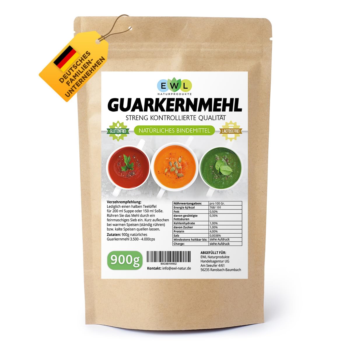 EWL Naturprodukte Guarkernmehl 900g, Verdickungsmittel Bindemittel E 412 3.500 cps Carb Guar Gum, in Deutschland kontrolliert und abgefüllt