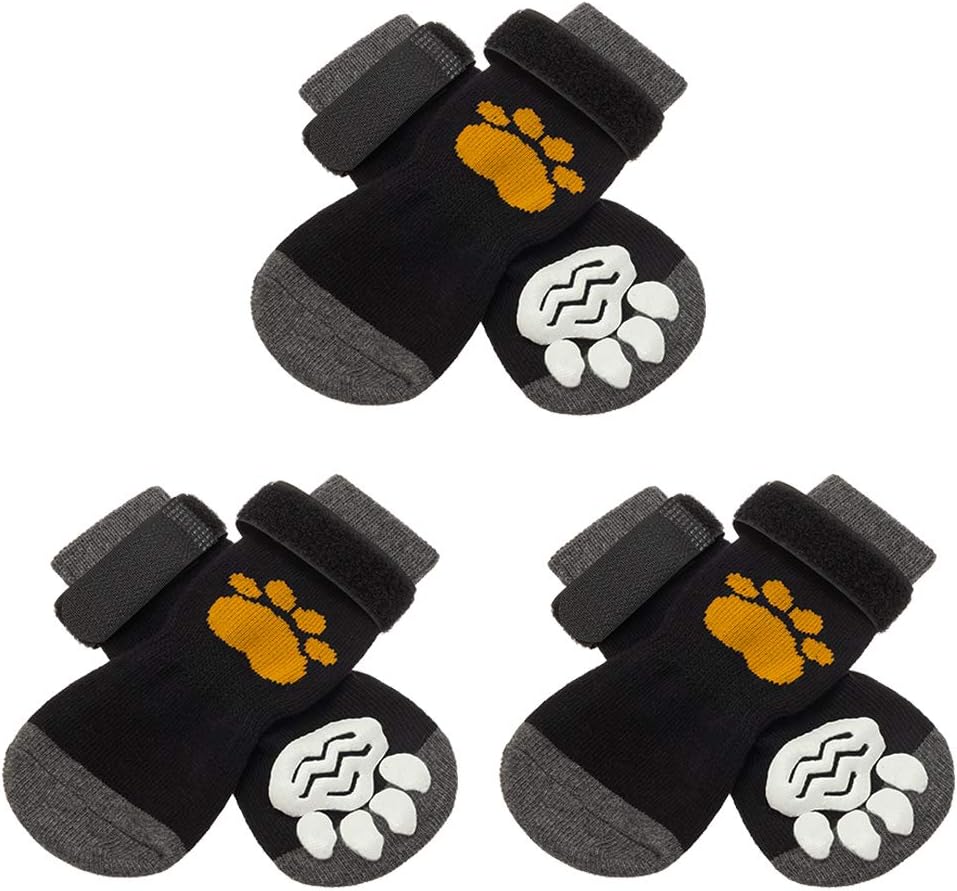 SCIROKKO 3 Pairs Anti-Slip Dog Socks with Golden Paw Pattern - Pet Adjustable Paw Protection for Puppy Indoor Traction Wear on Hardwood Floor，Small