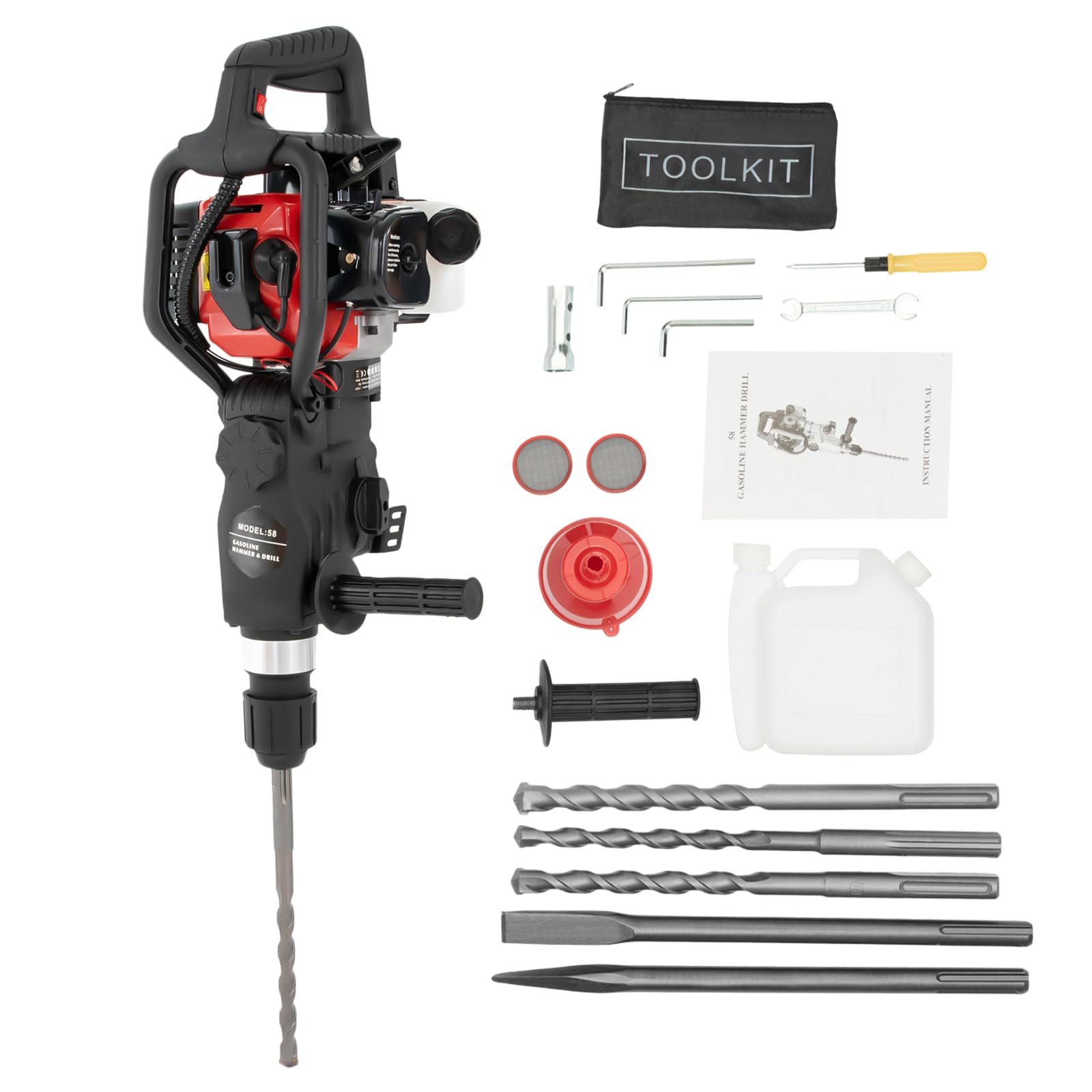 OCASAMI 32.6CC 2 Stroke Gas Powered Demolition Jack Hammer, 3-in-1 Gasoline Hammer Drilling Machine Breaker Punch Drill Chisels Heavy Duty Gasoline Concrete Breaker Rock Drill for Crushing, Chiseling