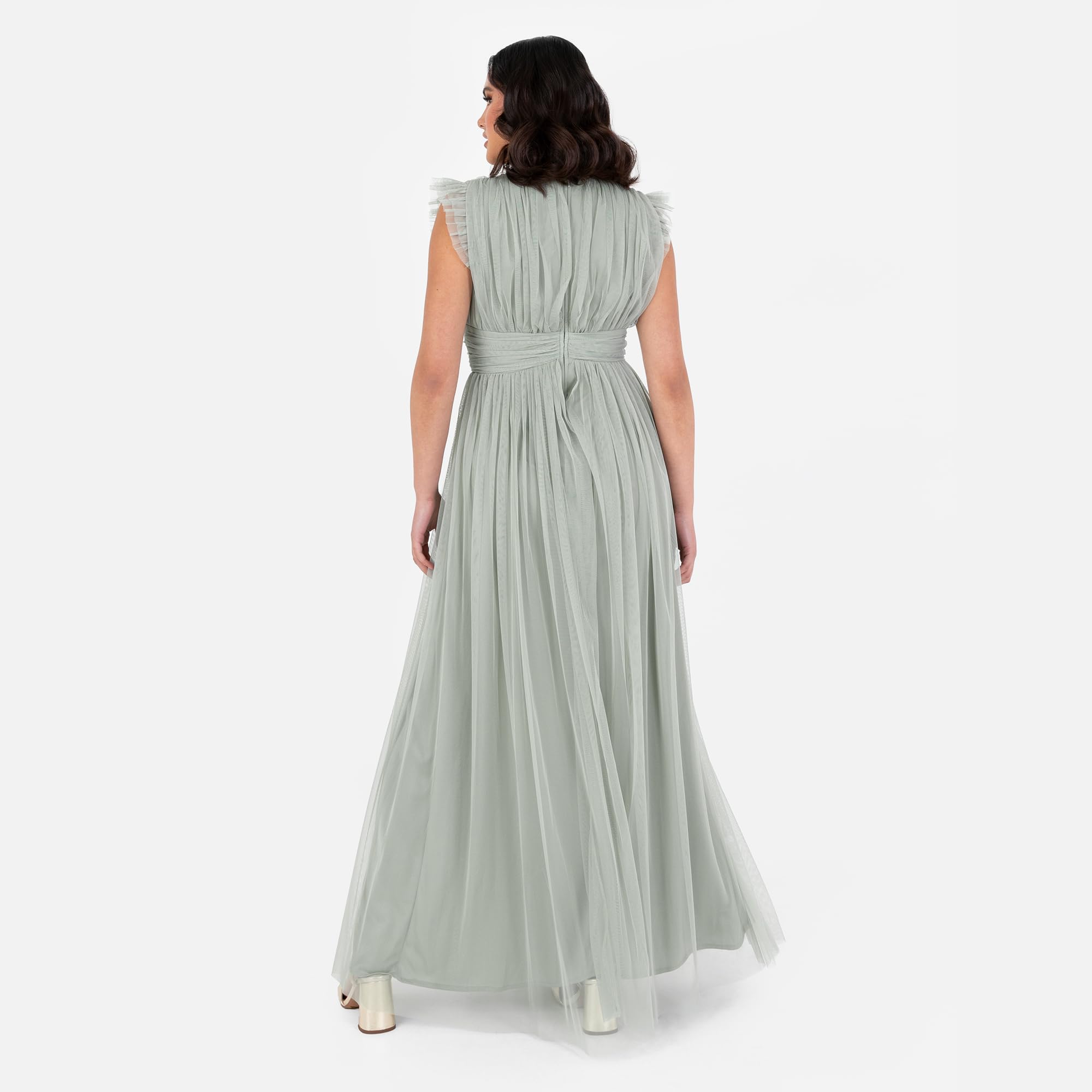 Anaya with Love Damska sukienka maxi damska z dekoltem w serek krótki rękaw split tiul linia A dla gości weselnych wieczór panieński okazja Ball Gown Kobiety, Mrożona zieleń, 42