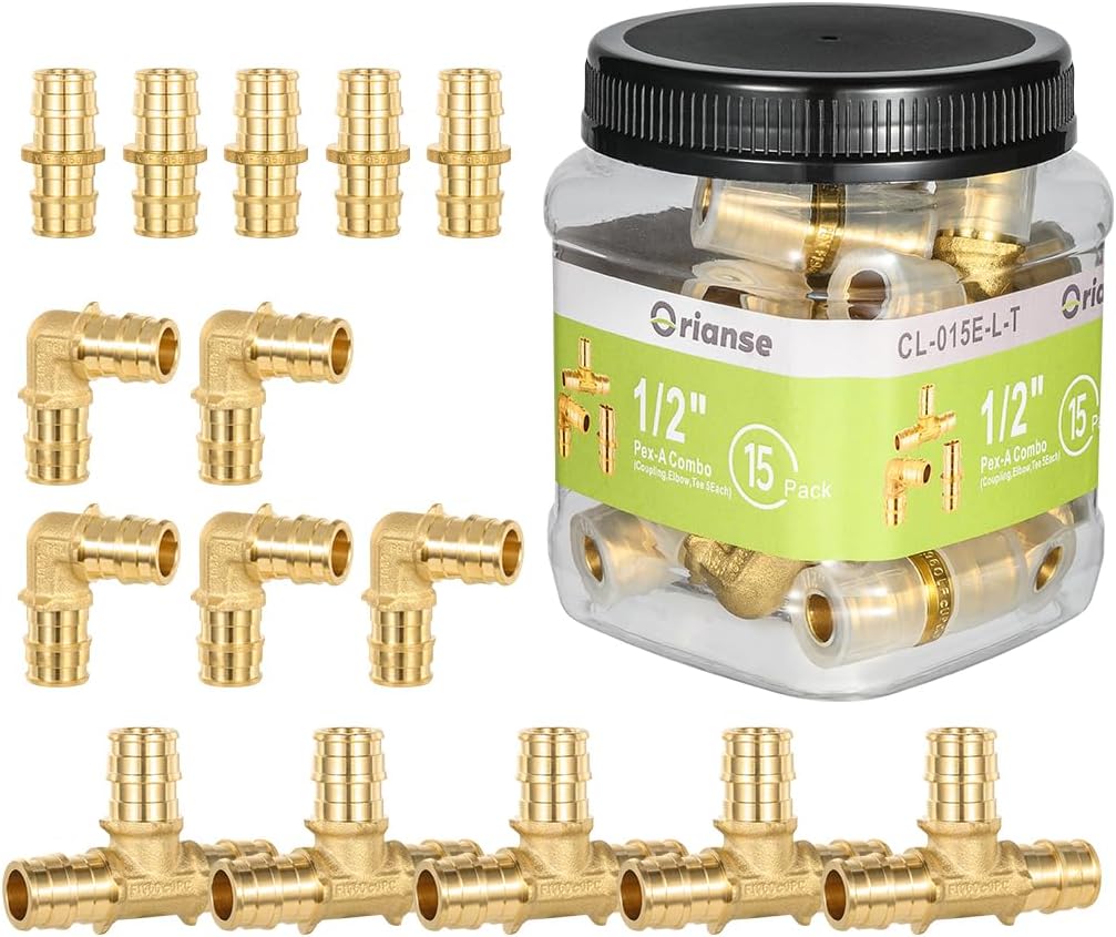 15 Pack Pex-A Combo Fittings Set, 5 Each Elbow Tee Coupling Heavy Duty Brass Expansion PEX-A Fittings for For Pipe-A pipe connection, NSF/ANSI 61 NSF 372 Certificate, ASTM F1960 Certified
