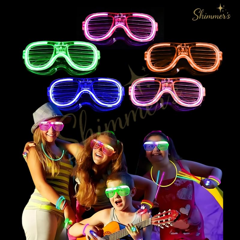 Image of Shimmers Neon Party Glasses Pack of 12 - Glow in Dark Shutter Shades for Kids & Adults, UV Reactive Bright Color Sunglasses for Holi, DJ Night, Birthday, Festival, Rave & Dance Party Accessories