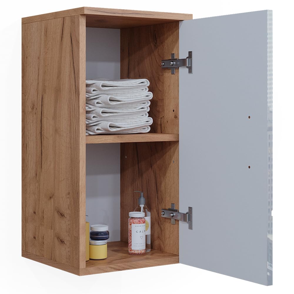 Vicco Badschrank Irma, Weiß Hochglanz/Goldkraft Eiche, 30 x 59 cm mit Regal, zur Wandmontage geeignet und mit weiteren Irma Möbeln kombinierbar