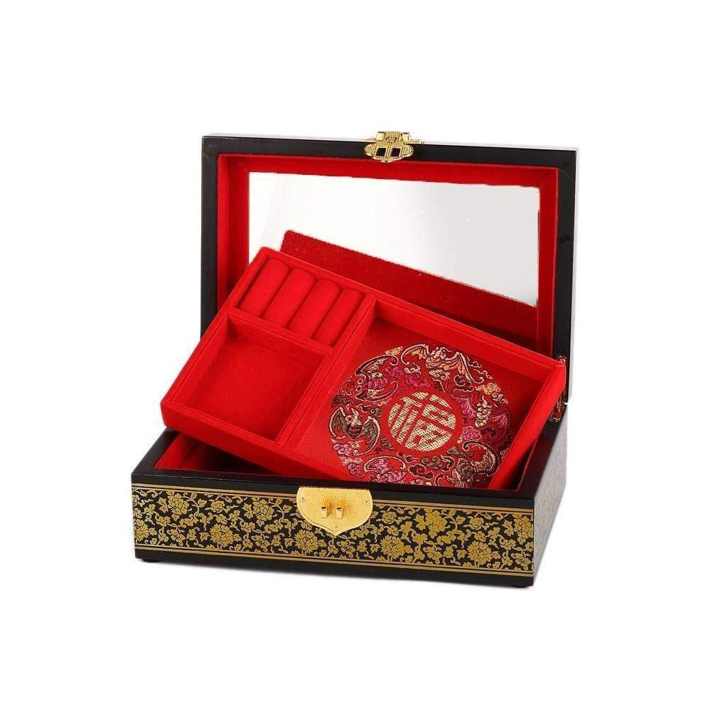 Joyero Paisaje chino Pekín Beijing Caja de almacenamiento de joyas madera lacada Negro oro dorado Decoración asiática