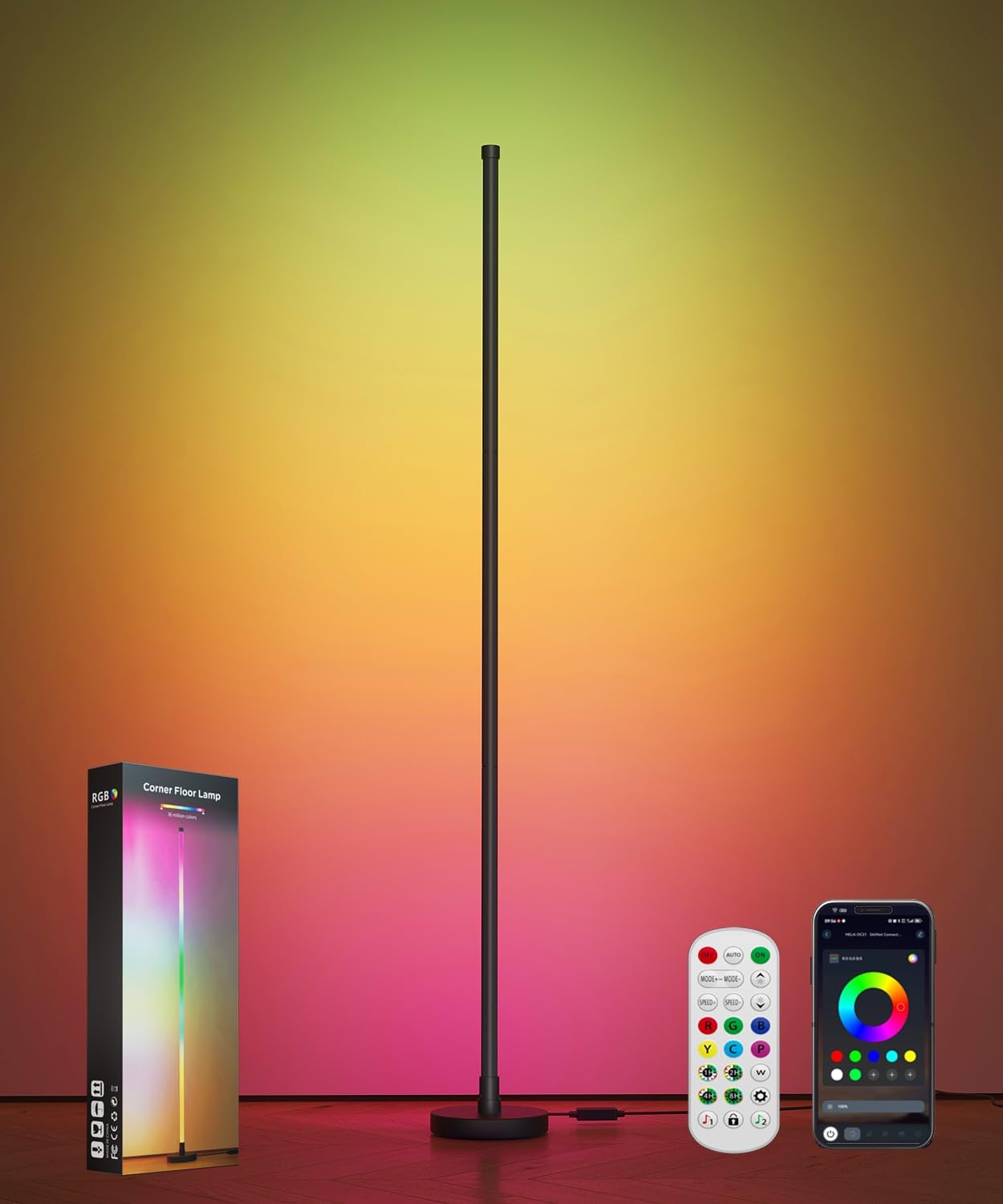 Corner Floor Lamp, Smart RGB LED Corner Lamp with Music Sync and 16 Million DIY Colors, App & Remote Control, Color Changing Standing Lamp for Bedroom, Living Room and Gaming Room Black-1