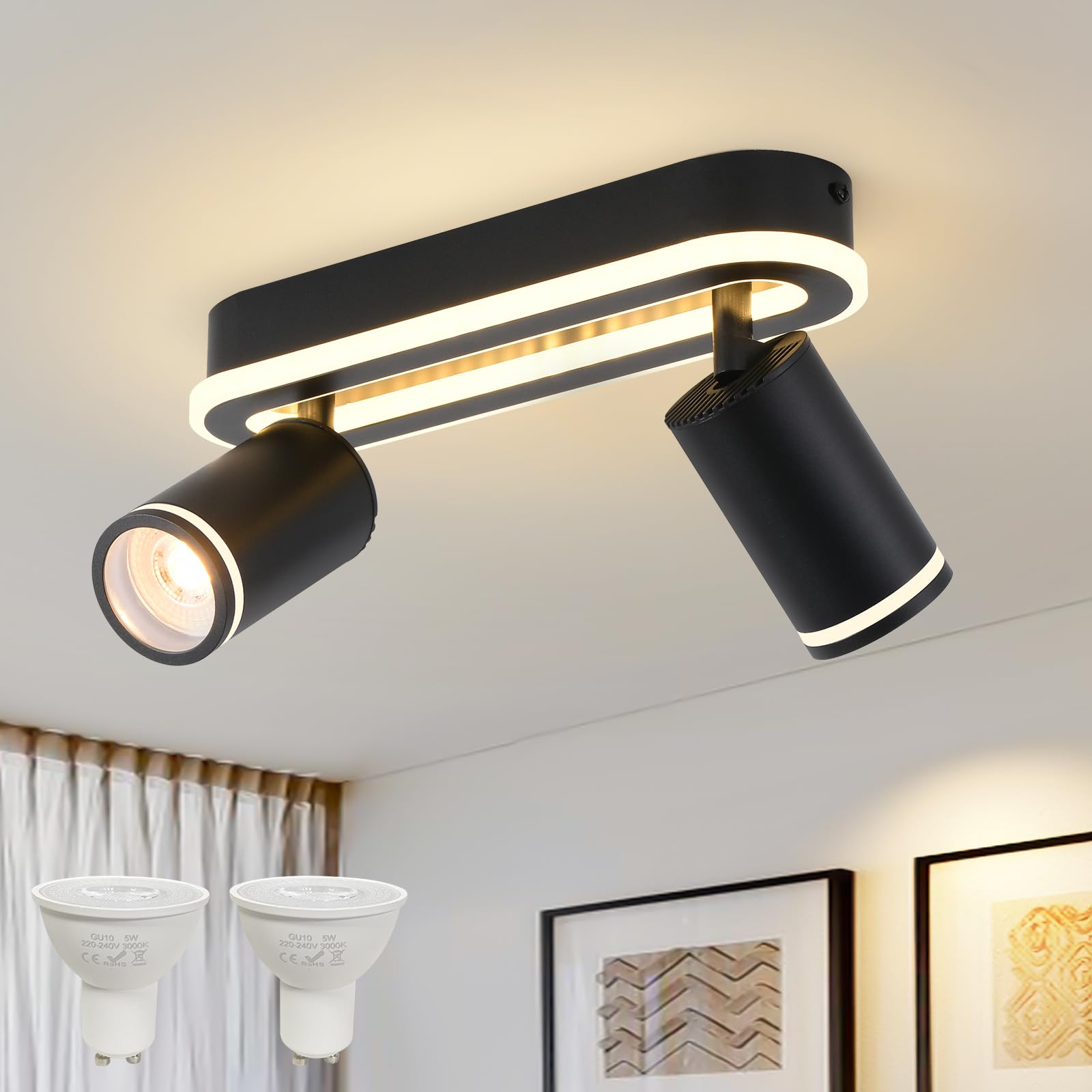 MYCUL faretti led soffitto a 2 fiamme orientabile a 350°,binario faretti soffitto 15W+2x5W spot GU10, faretto da soffitto bianco caldo 3000K, lampada da soffitto moderna, binnen en buiten