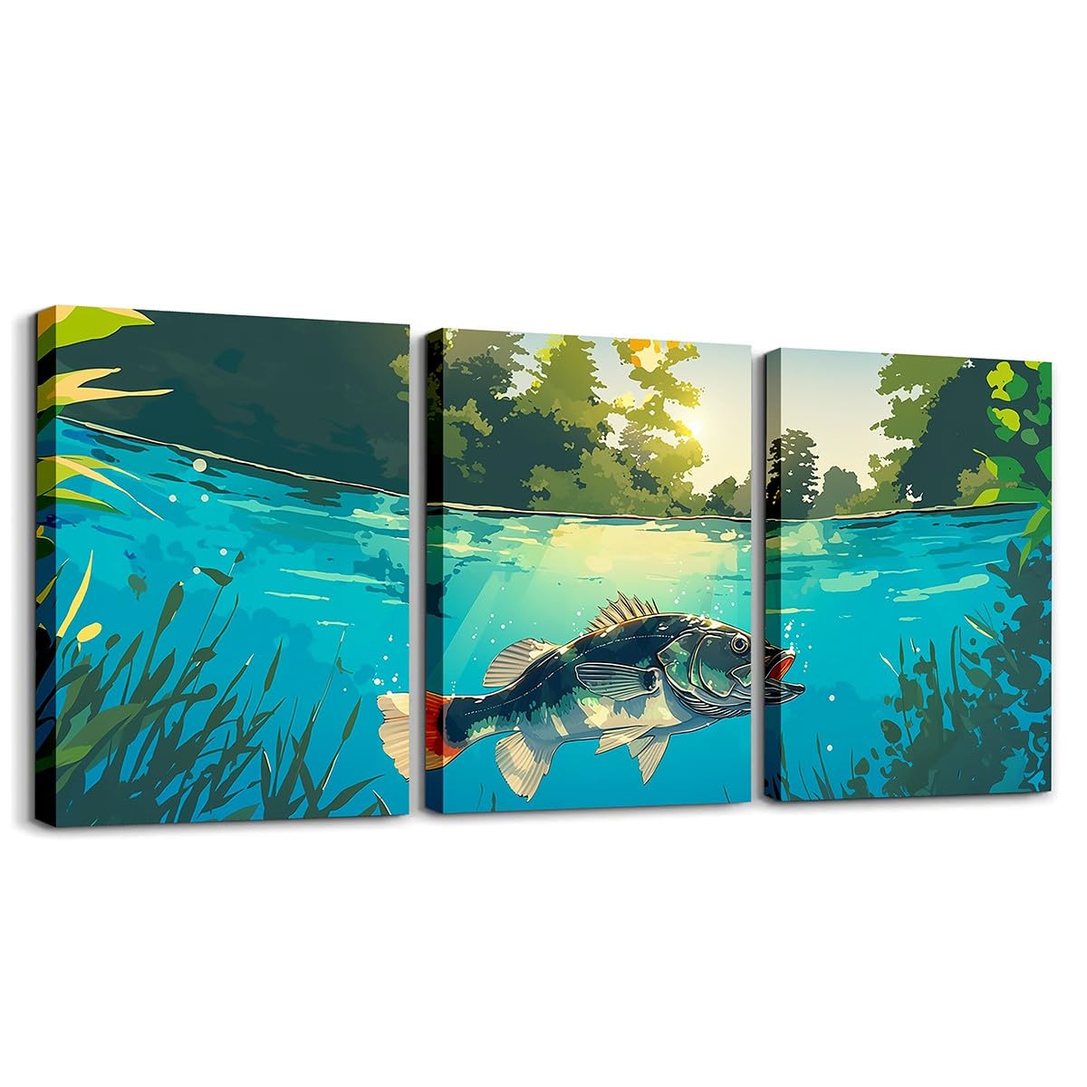 Loussiesd Pike Fish 3 Piece Canvas Wall Art for Living Room Bedroom 40X30cm Fishing and Hunting Picture Wall Decor Bass Big Fish Office Wall Decor Artwork Posters Wild Bedroom To Hang for Bathroom