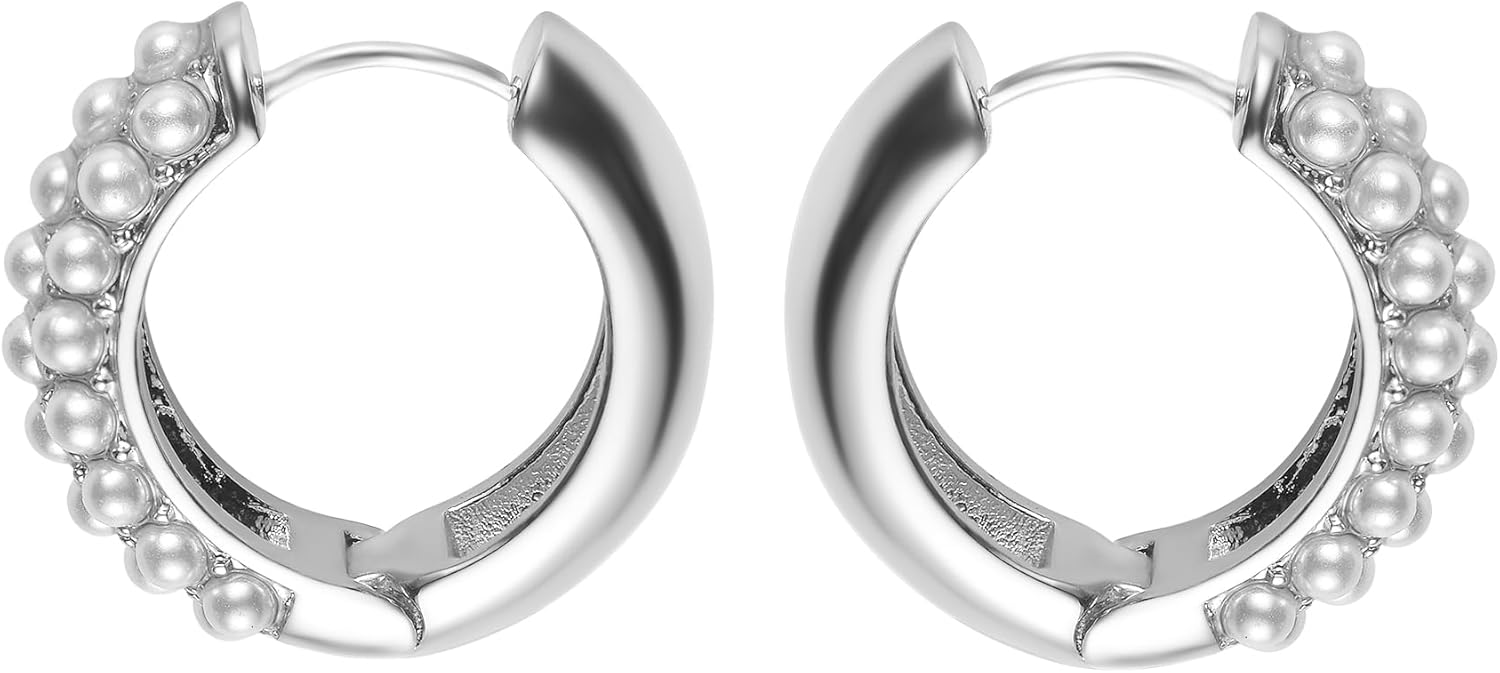 Edforce Stainless Steel Three Line Small Pearls Hoop Earrings - Image 4