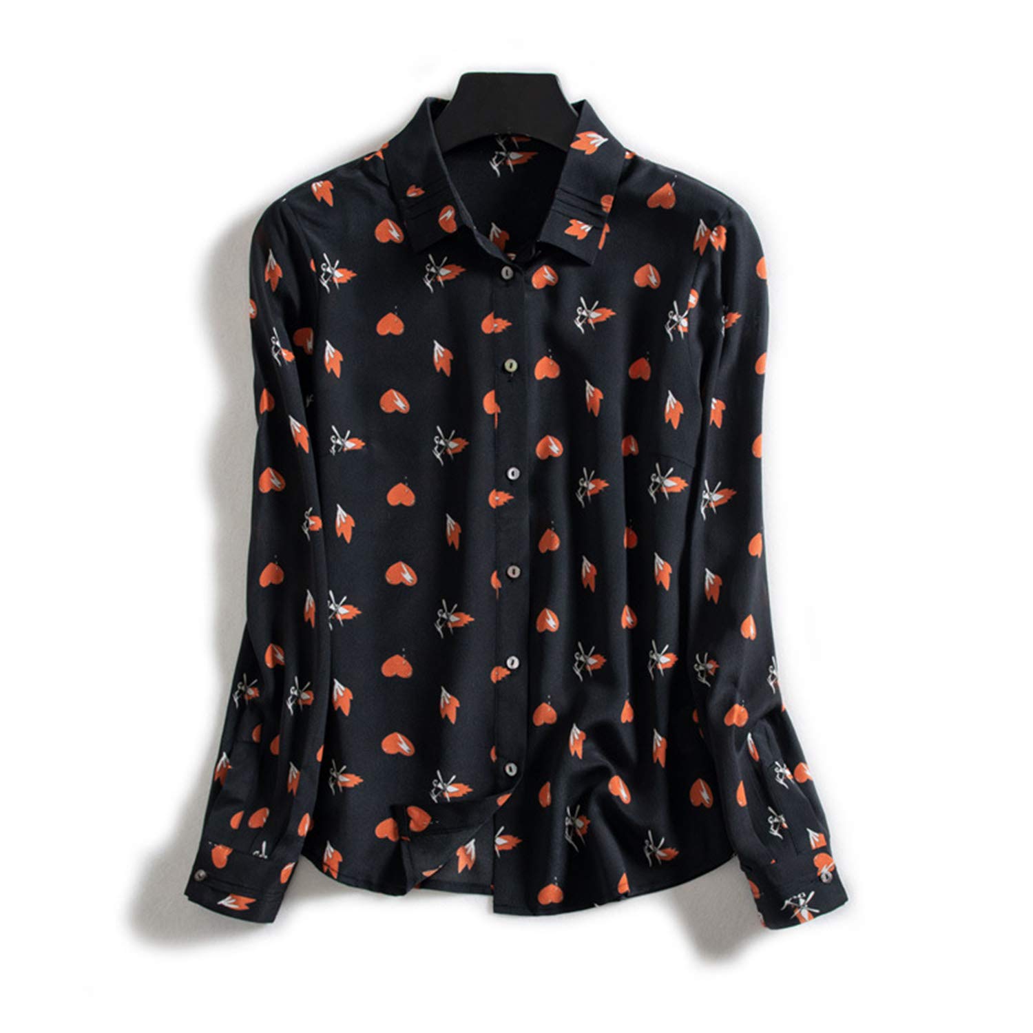 Camicia A Maniche Lunghe con Risvolto Stampato, Top Stampato A Forma di Cuore da Donna, Blusa in Seta Leggera