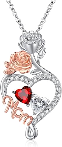 Collar de corazón para mujer con dije de corazón de 14 quilates, oro rosa, oro blanco, doble piedra natal, día de la madre, aniversario, día de San