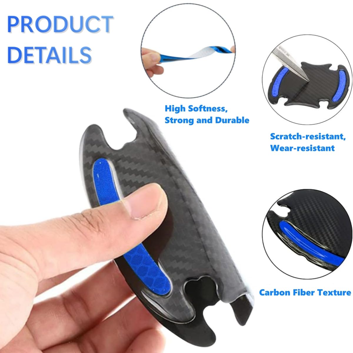Film Protecteur Poignées & Bols De Porte Voiture 8 Pcs – Anti-Rayures Réfléchissant Fibre De Carbone Bleu – Protection Universelle Voiture
