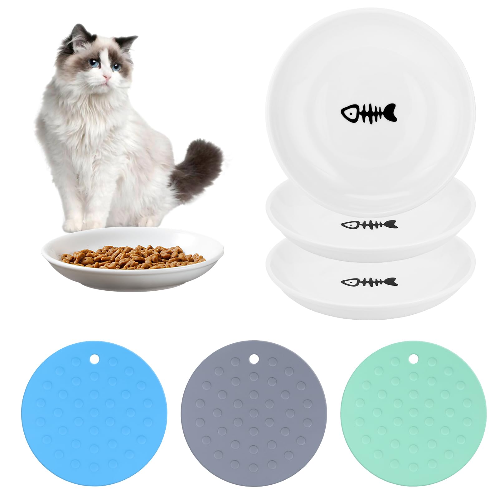 Cuencos para Gatos, 3 Piezas Comedero Gato de Cerámica con 3 Alfombrillas Antideslizantes, Platos para Gatos para Agua Comida Seca y Húmeda, Cuenco para Gatitos y Gatos