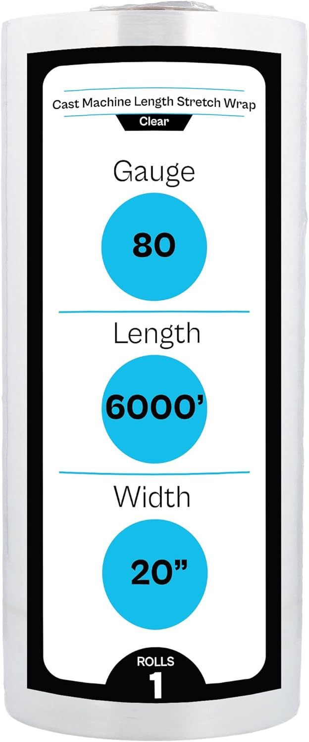 MMBM Pallet Stretch Wrap, Machine Length, 19.7 Inch x 6000 Feet, 80 Gauge, 1 Roll, Clear Plastic Cling, Cast Shrink Film, for Industrial Machine Use