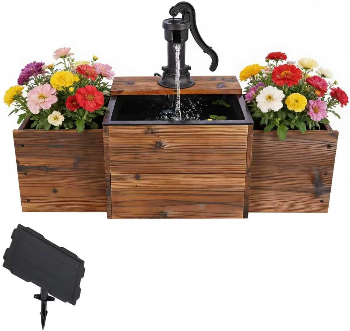 Solar Powered Water Fountain with Planter, 2-Tier Cascading Wooden Garden Fountain for Outdoor, Rustic Wood Barrel Water Feature with Solar Pump for Patio, Backyard, Porch, Yard Decor
