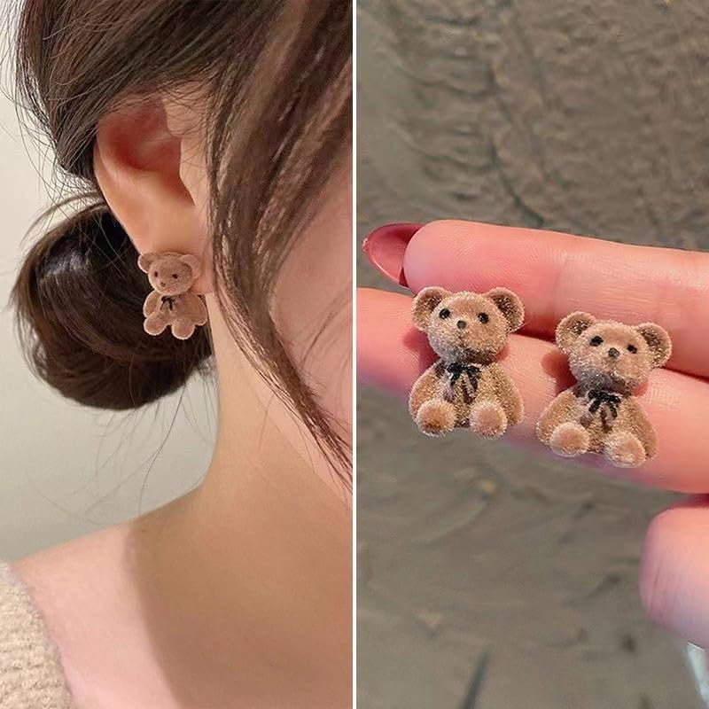 Cute Flocking Bear Stud Earrings for Women Hypoallergenic Minimalist Design, Kawaii Funny Plush Bear Stud Earrings for Women - Image 2