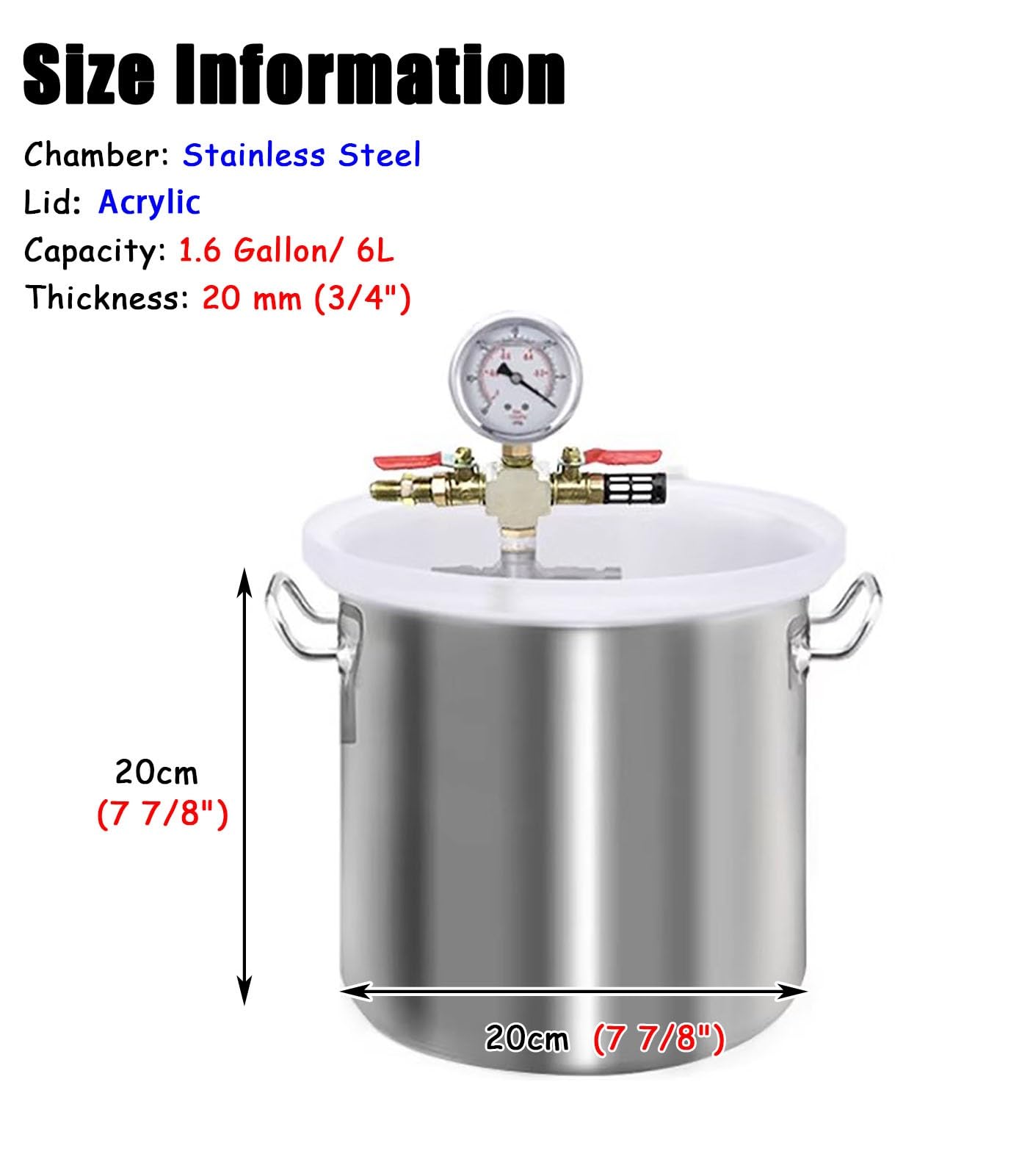 Camera Sottovuoto Camera a Vuoto/pentola a Pressione per Colata di Resina Epossidica, Recipiente per Degasaggio ed Eliminazione delle Bolle, Serbatoio a Vuoto in Acciaio Inox(1.6 Gallon/6L)