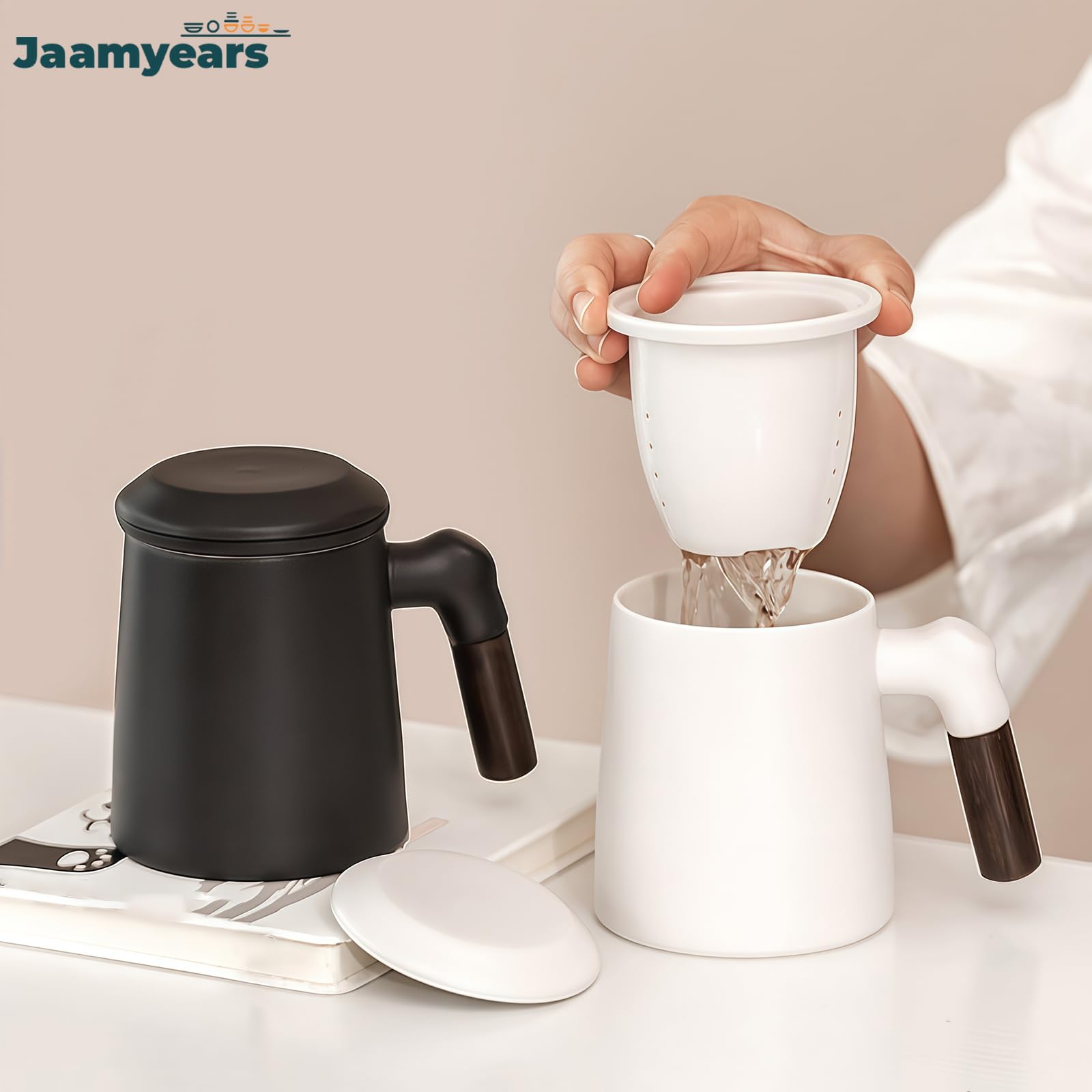 Taza de té con infusor y tapa, taza de café de cerámica con mango de madera, capacidad de 400 ml para té de hojas sueltas