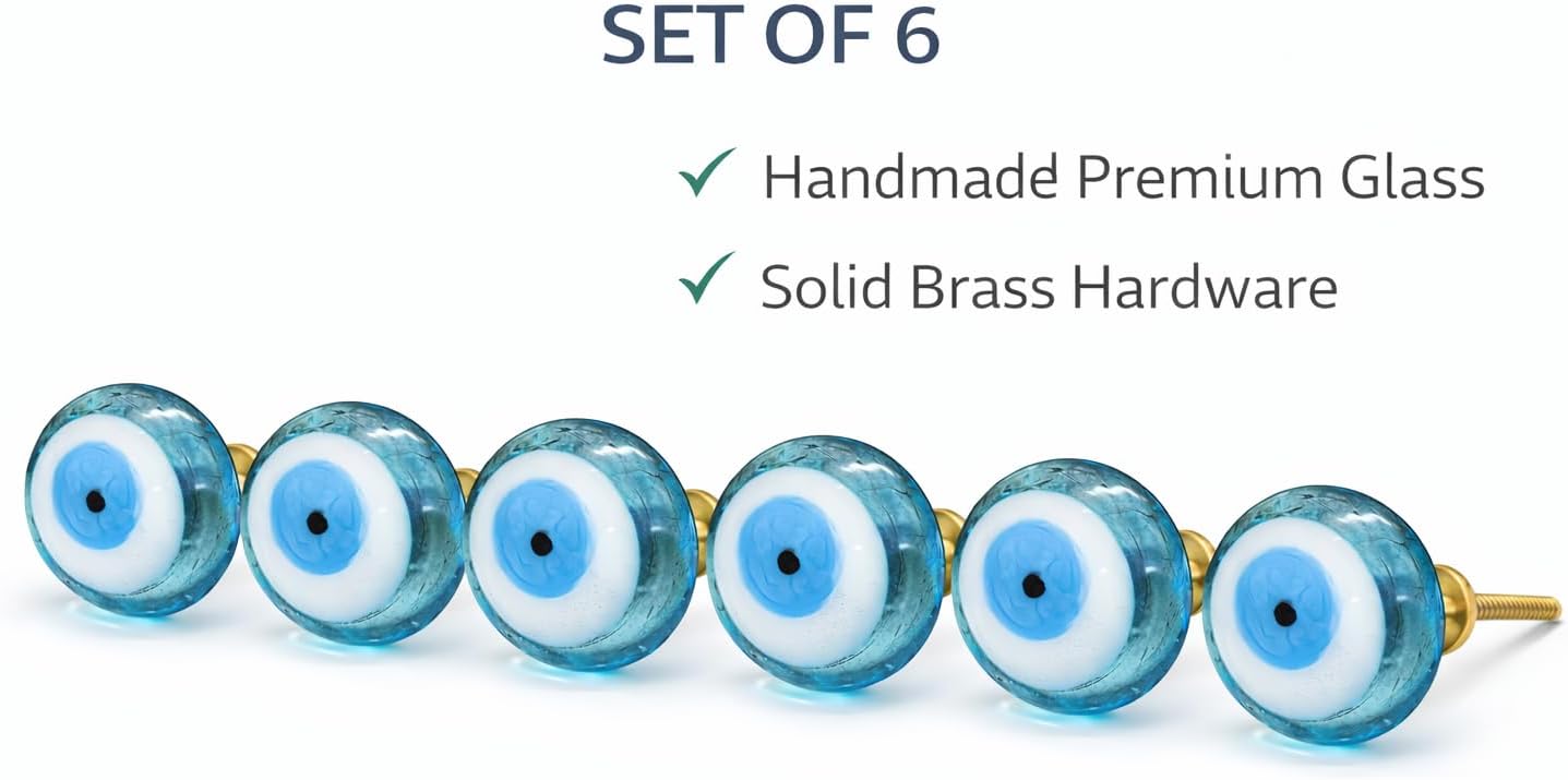 Evil Eye Glass Cabinet Knobs, Handmade Premium Glass with Solid Brass Fitting, Decorative Drawer Knobs, Warbrobe Knobs, Drawer Pulls for Kitchen, Bedroom, Bathroom Furniture (Set of 6)