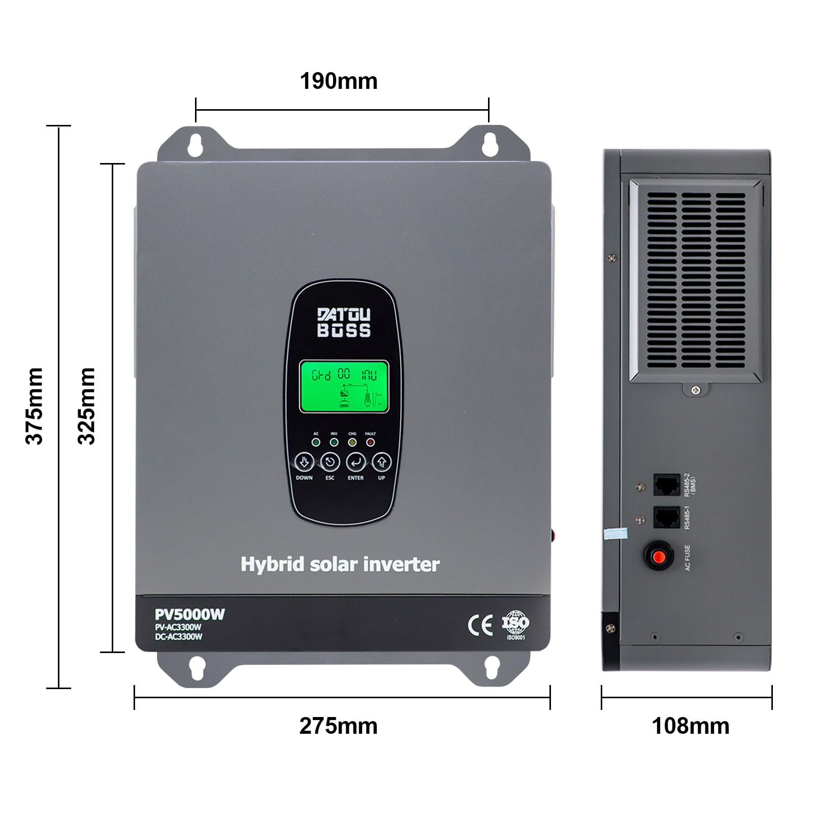 DATOUBOSS Inversor de energía solar híbrido de 3300 W, entrada de PV de 5000 W, cargador MPPT, inversor de batería de 21 – 30 V CC, convertidor solar de 220 V CA con RS485 para instalaciones solares