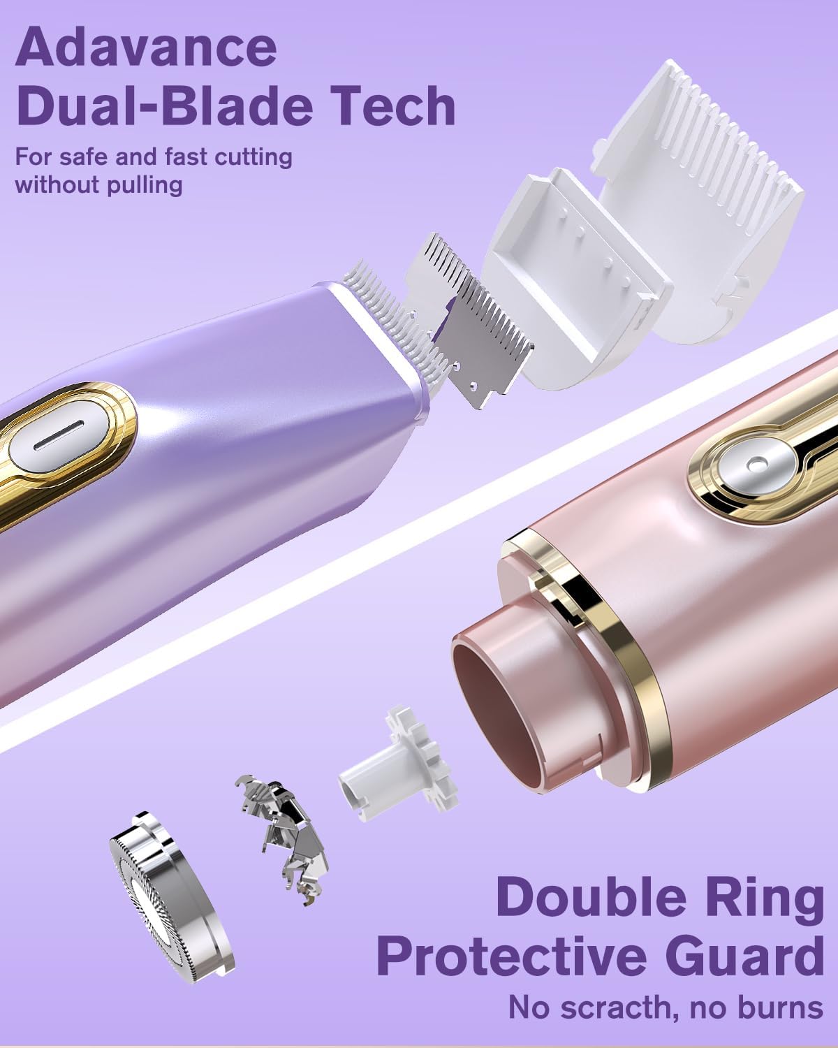 2 in 1 Electric Bikini Shaver for Women - 2025 Dual Head Bikini Trimmer for Women IPX7 Waterproof Wet & Dry Use Bikini Razor for Travel Rechargeable Electric Razor for Underarm Leg Arm,Purple - Image 4