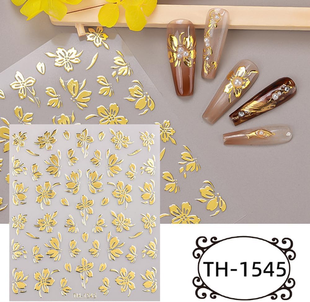 3Sheets Gold Nail Art Stickers 3D Self-Adhesive Nails Sticker Flower Nail Art Decals Holographic Golden Floral Leaves Nails Decal Decoration for Women Blossom Manicure Tip DIY Nail Sticker Supplies