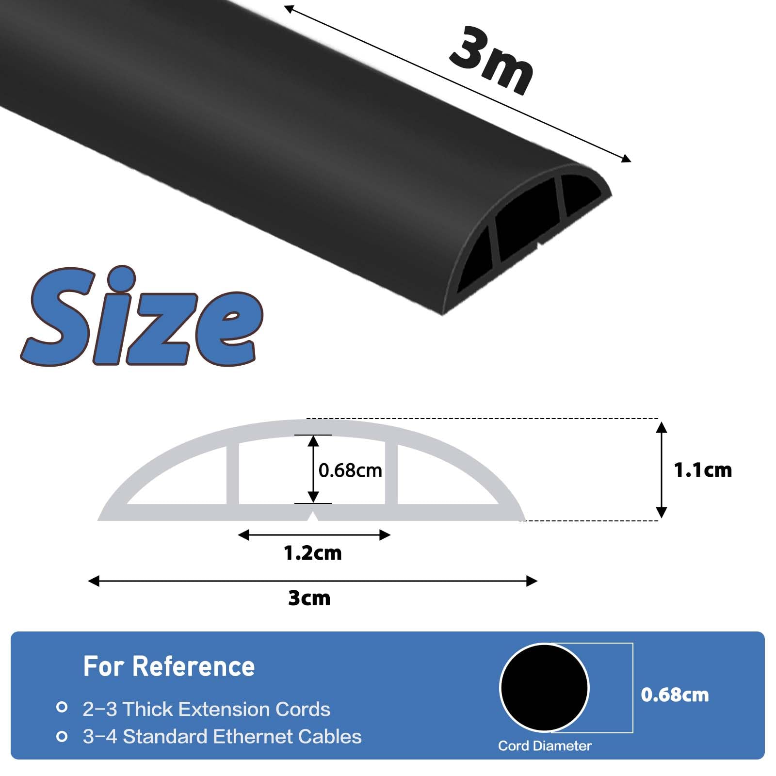 Passe-Câble Sol Flexible 300cm PVC Auto-Adhésif 3 Canaux - Cache Câbles Bureau Entrepôt Maison