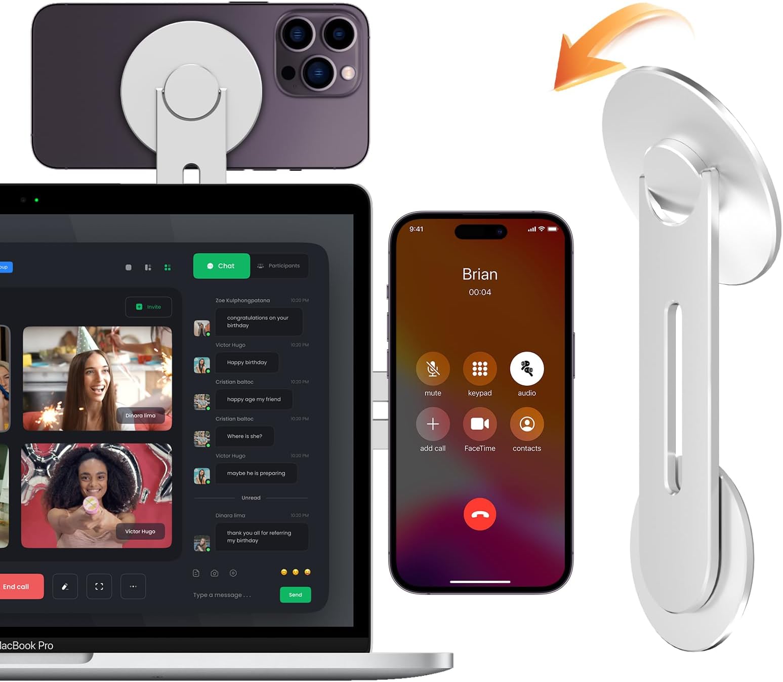 CloudValley Magnetic Laptop Phone Holder, Adjustable Continuity Camera Mount Compatible with MagSafe & for iOS 16 / macOS Ventura, Slim Portable Computer Expansion Bracket for Smartphone, Silver