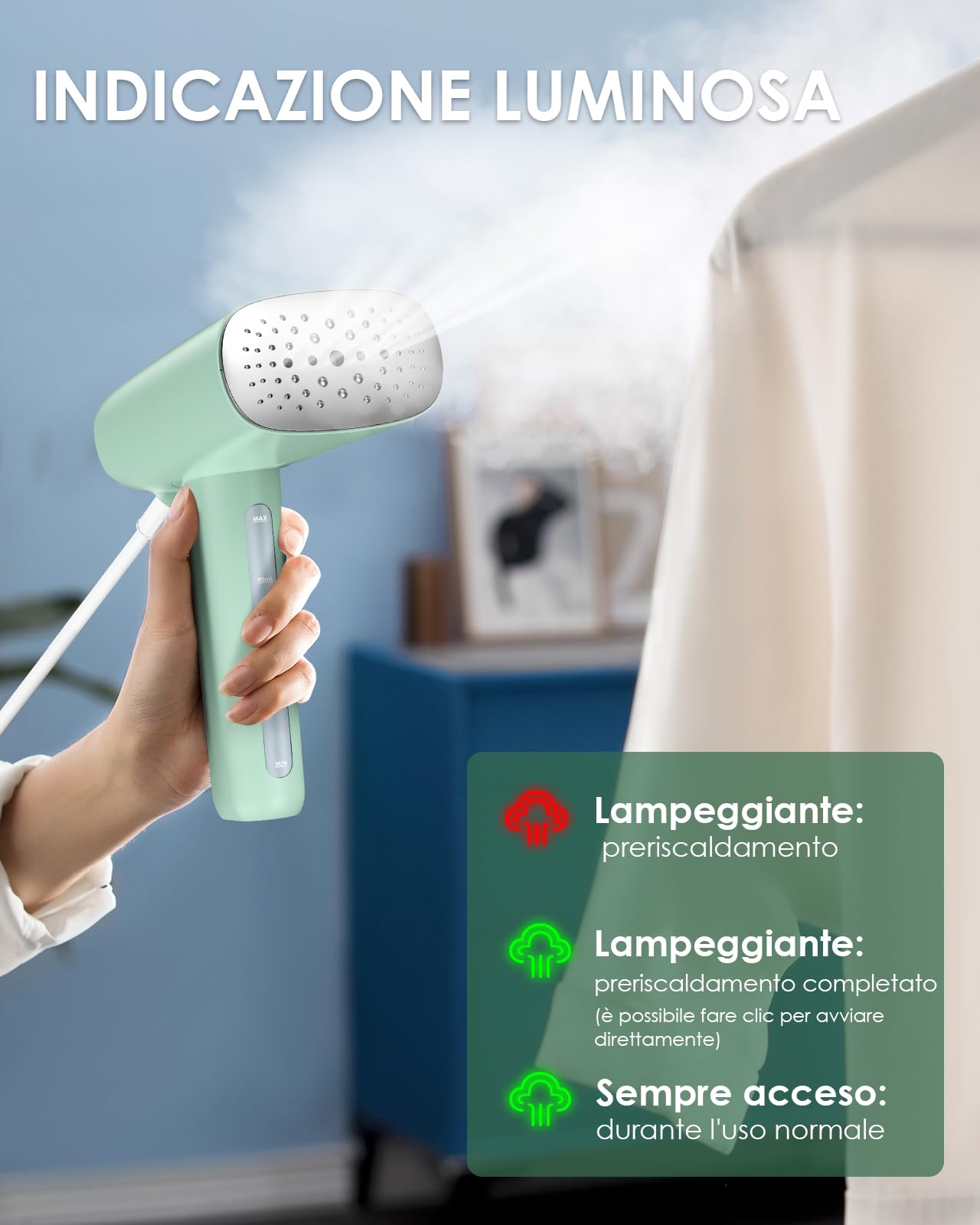 HOMEASY Ferro da Stiro Verticale Leggero, Stiratrice a Vapore 110ml Serbatoio Removibile 800W, Riscaldamento Rapido in 45s per la Vita Quotidiana e i Viaggi (Verde) | Stiratrice a Vapore, Serbatoio 110ml Removibile, Riscaldamento Rapido in 45s, Casa e Via
