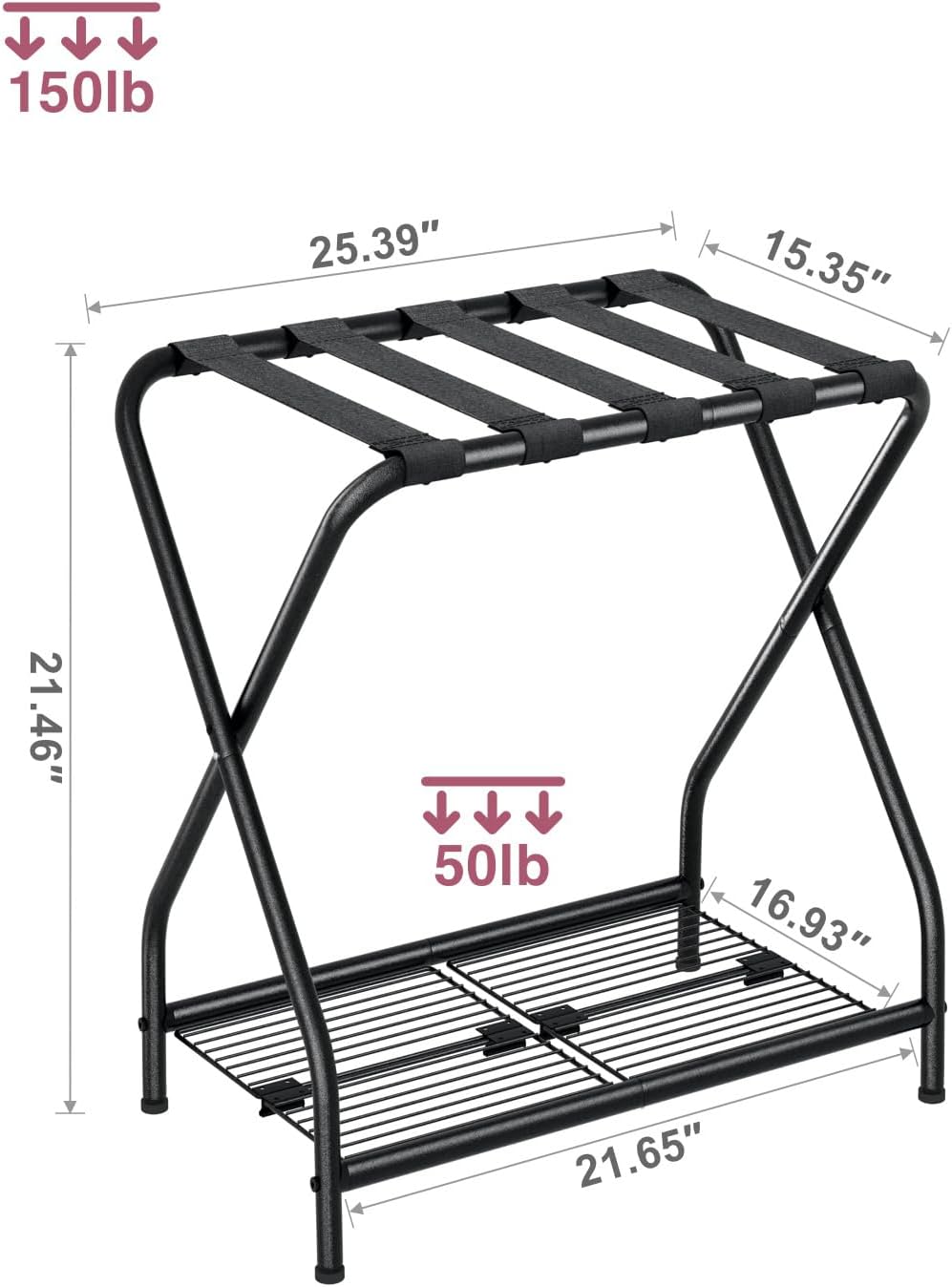 Luggage Rack with Storage Shelf, Foldable Suitcase Stand, Heavy Duty Metal Luggage Holder, 150 lbs Top Capacity, 50 lbs Bottom Shelf, for Guest Room, Bedroom, Hotel LR-BK-1