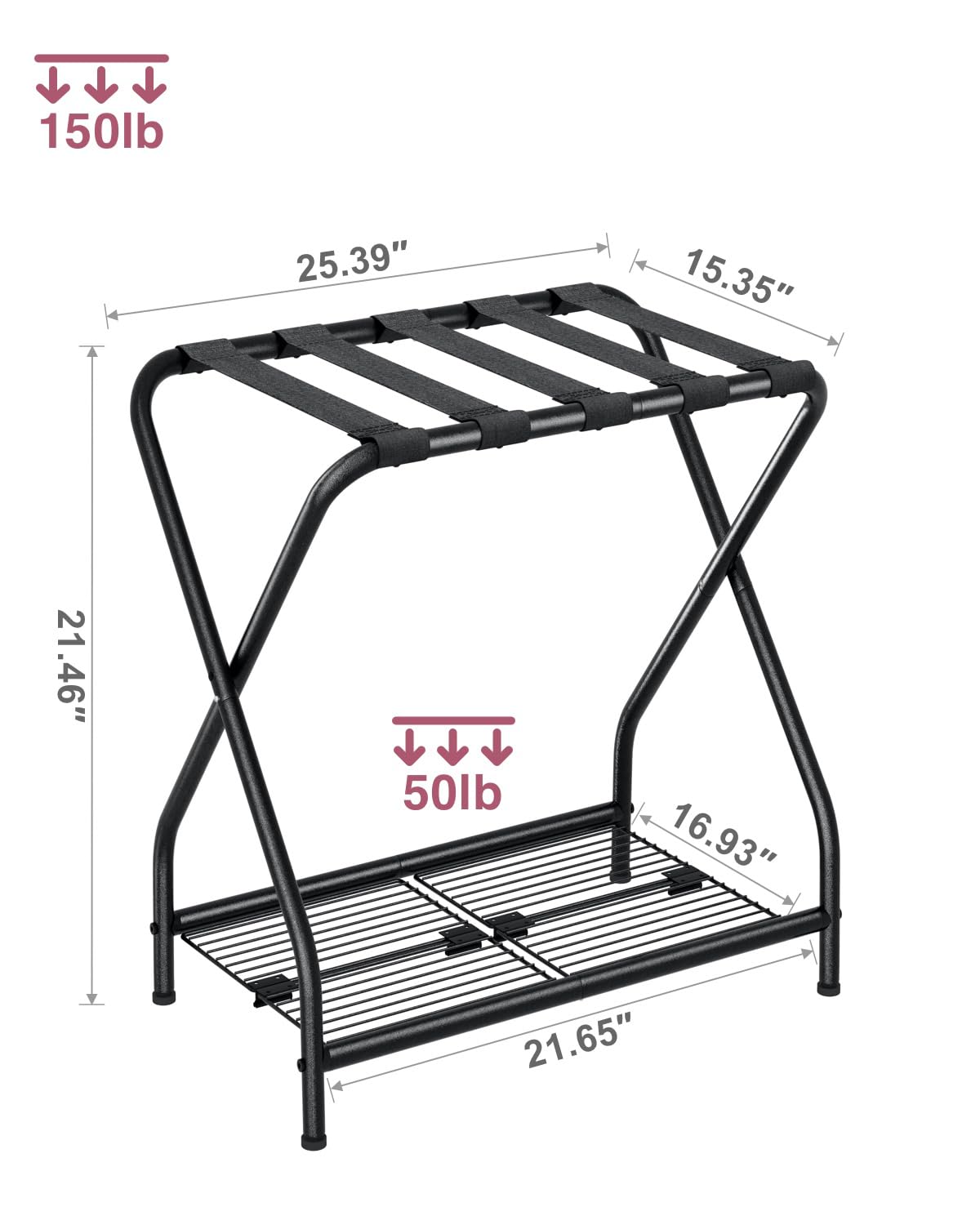 Portaequipajes, soporte para maleta con estante de almacenamiento, soporte de equipaje de metal plegable para habitación de invitados, dormitorio, hotel LR-BK-1