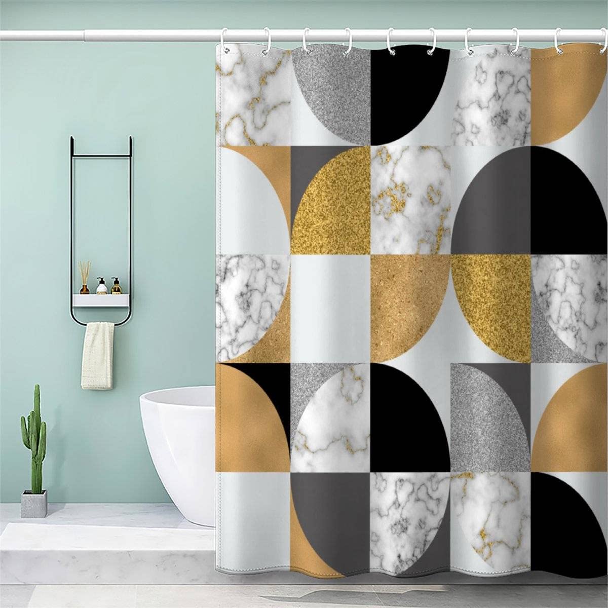 VASENA 3d Shower Curtain Geometric Marble Bathroom Curtain Anti Mould Waterproof Personalized Funky Shower Curtain with Weighted Hem with Hooks 200x200 cm